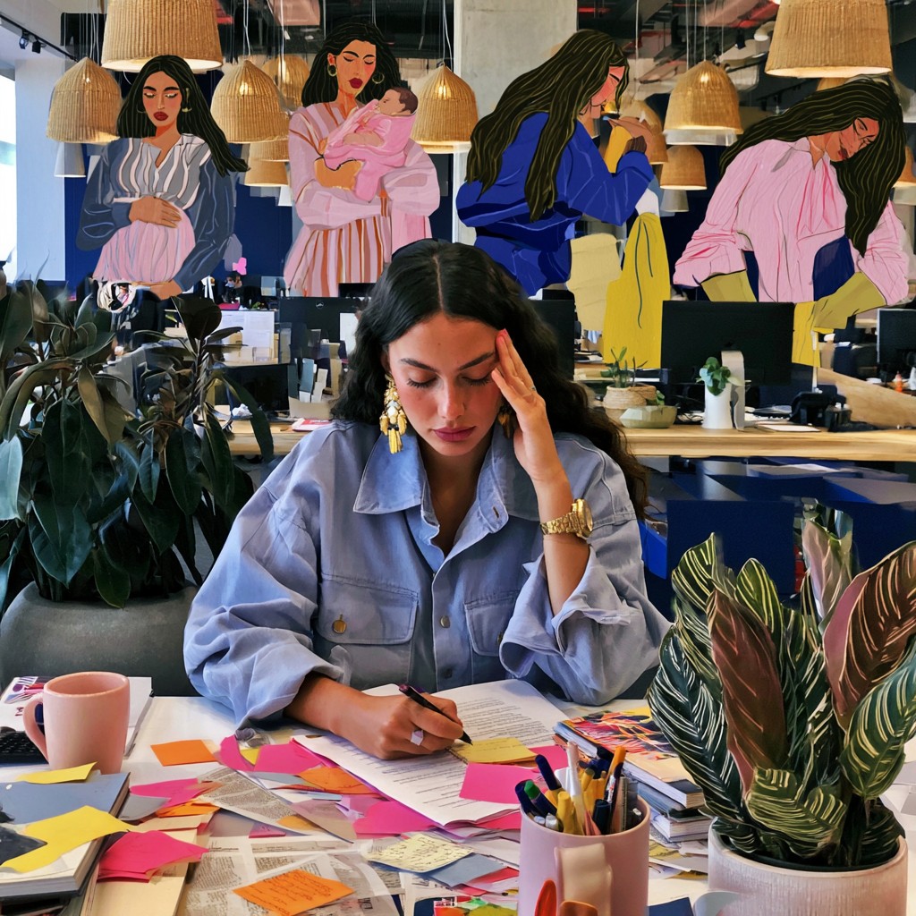 Photo-illustration collage: at a cluttered desk while painted figures of pregnancy, early motherhood, and care work float in the background