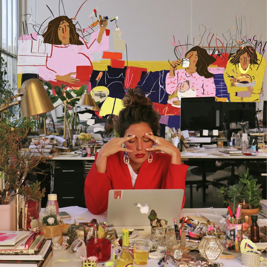 Photo-illustration collage: eyes closed at a desk while colourful drawn selves paint, hold a baby, and carry mental load overhead