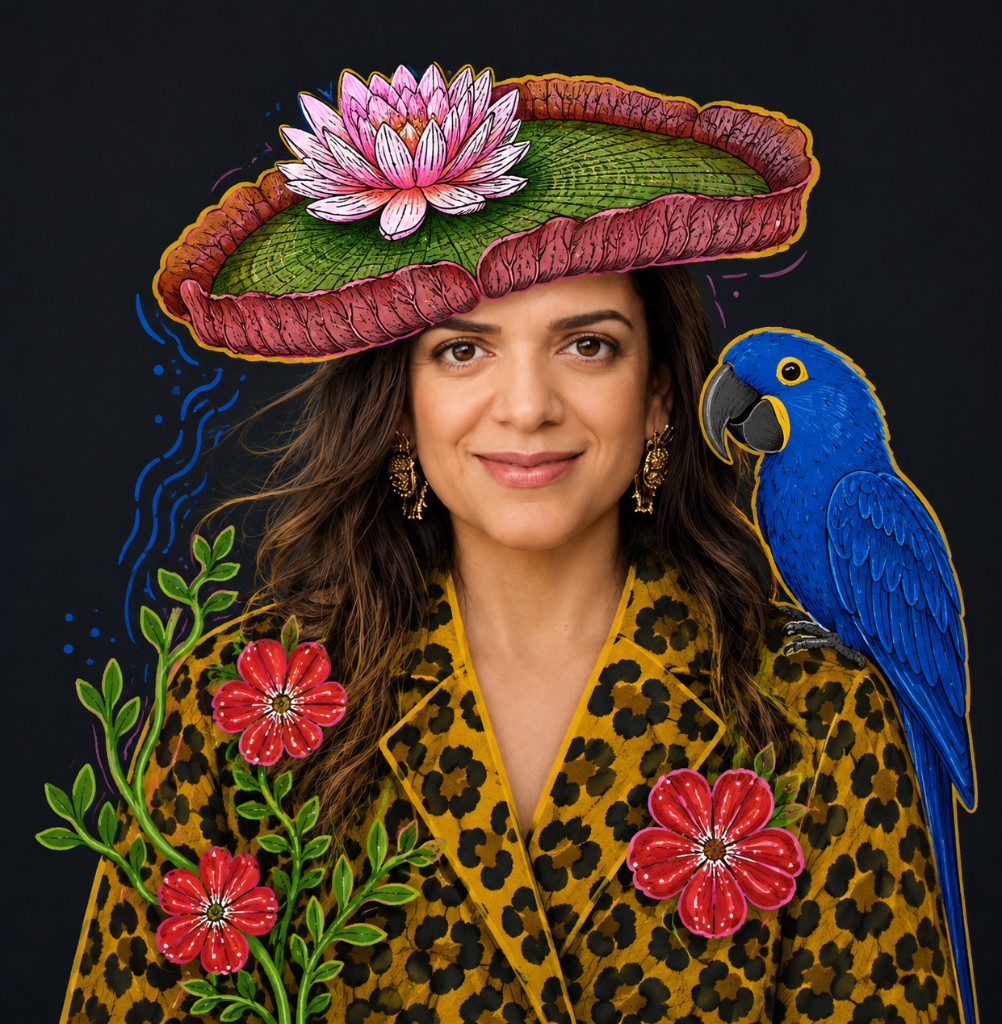 Portrait with tropical collage: water lily crown, hyacinth macaw on the shoulder, hibiscus vines, and leopard-print blazer