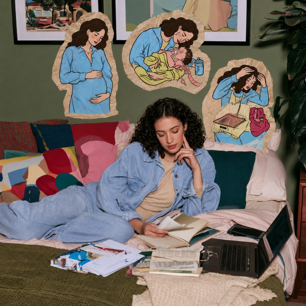 Reading on a colourful daybed while paper studies of pregnancy, early motherhood, and mental load hang on the wall