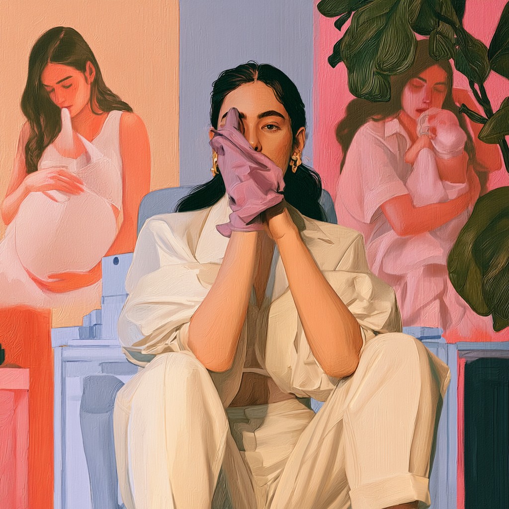 Painted triptych self-portrait: professional self at the centre, with pregnancy and early motherhood layered beside her