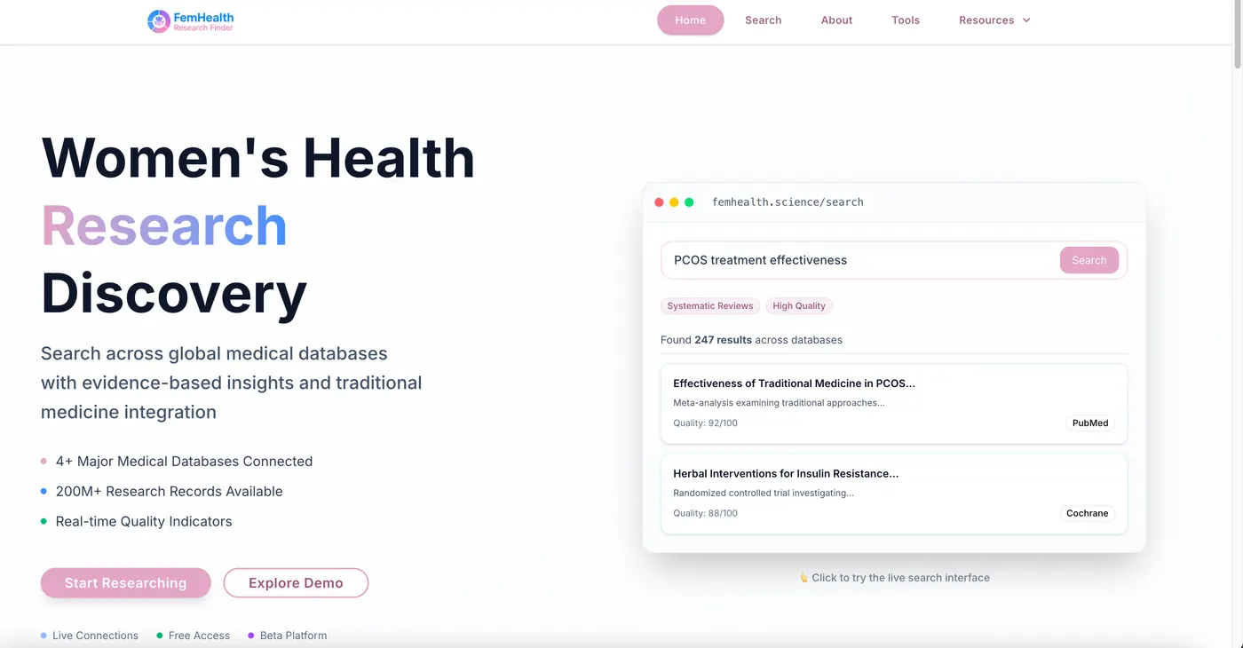 Women's Health Research Discovery Platform interface showing search functionality and database integration
