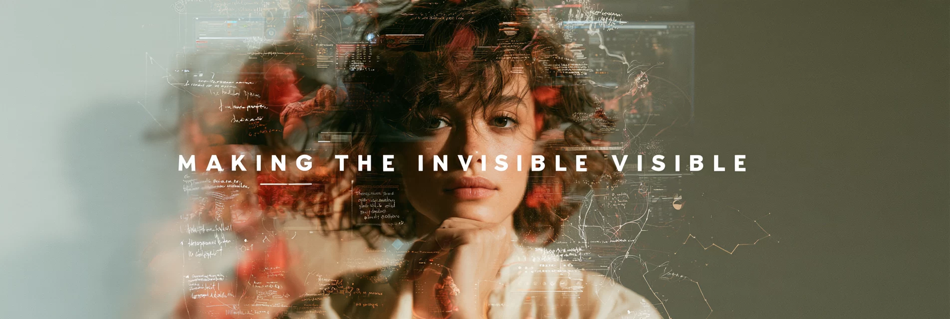 Making the invisible visible, over a portrait layered with imagery of complex systems