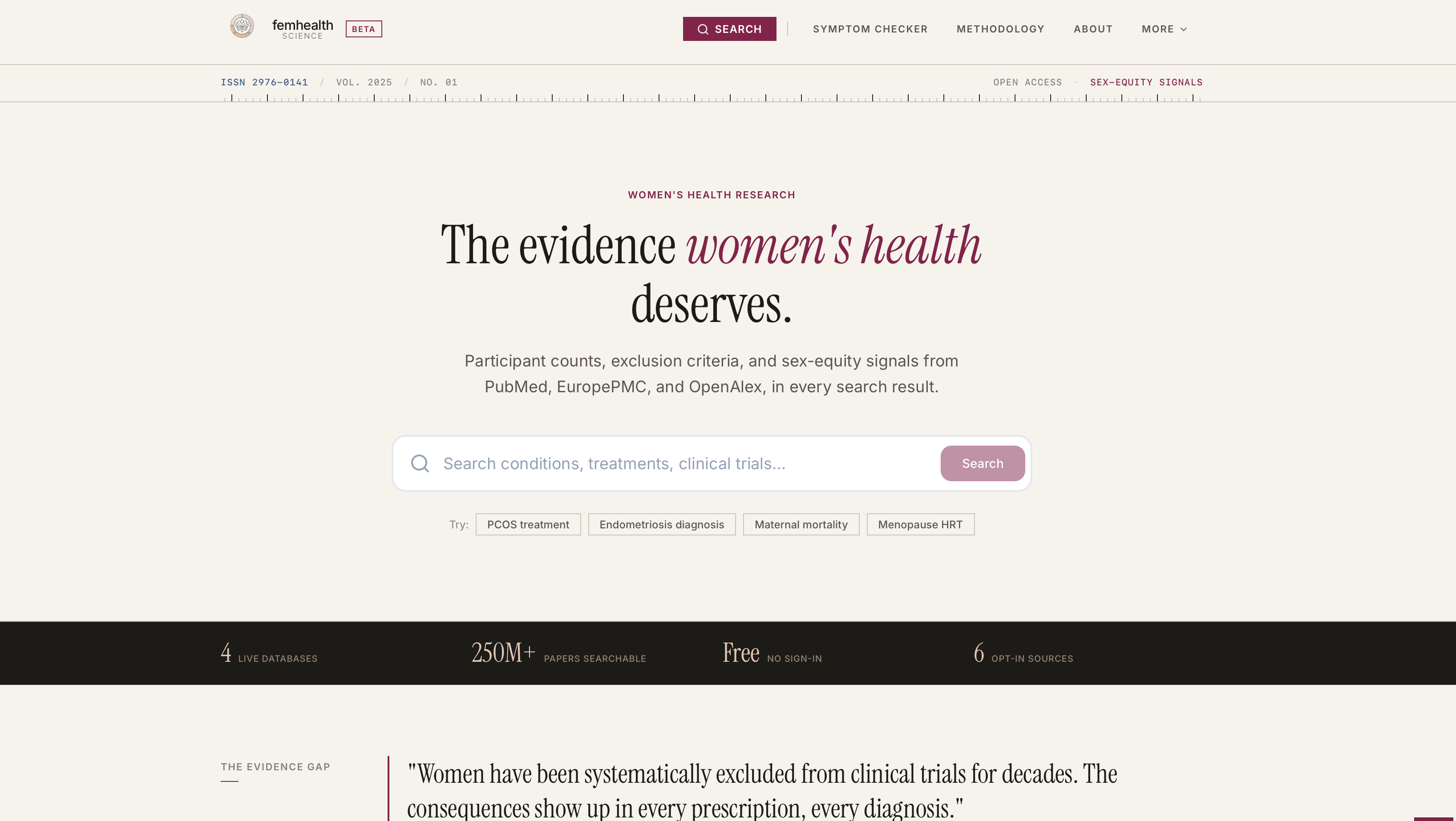 FemHealth Research Finder Platform Interface - Redesigned with authoritative red color palette