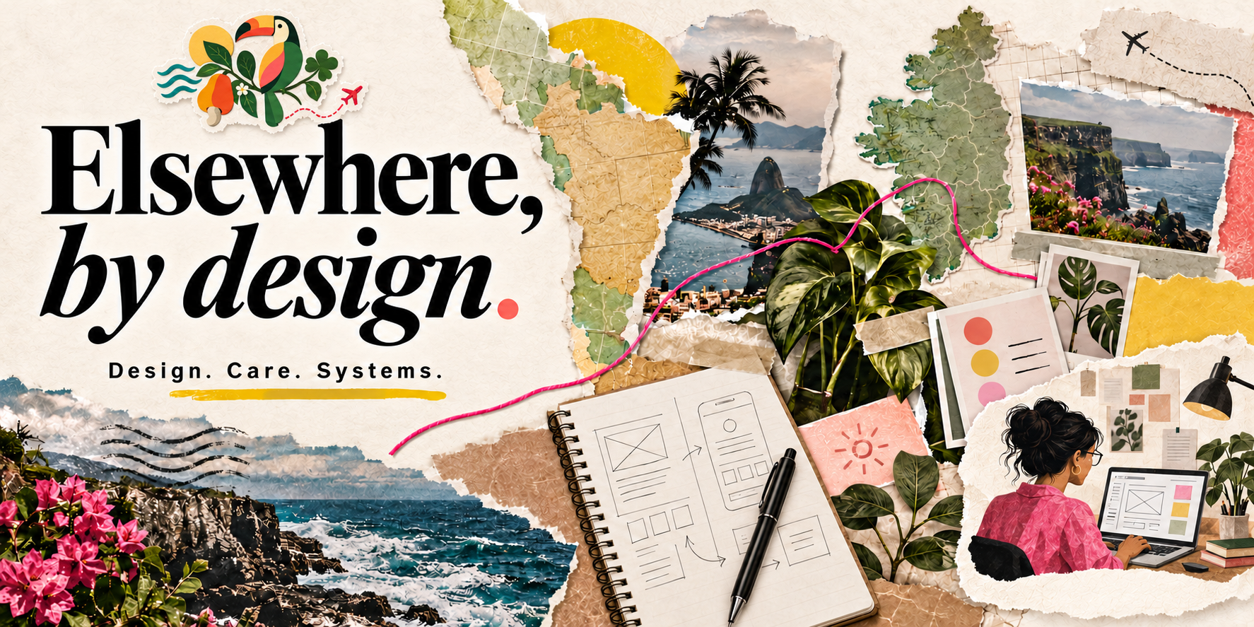 Elsewhere, by design. A collage of maps, coastlines and a woman designing interfaces.
